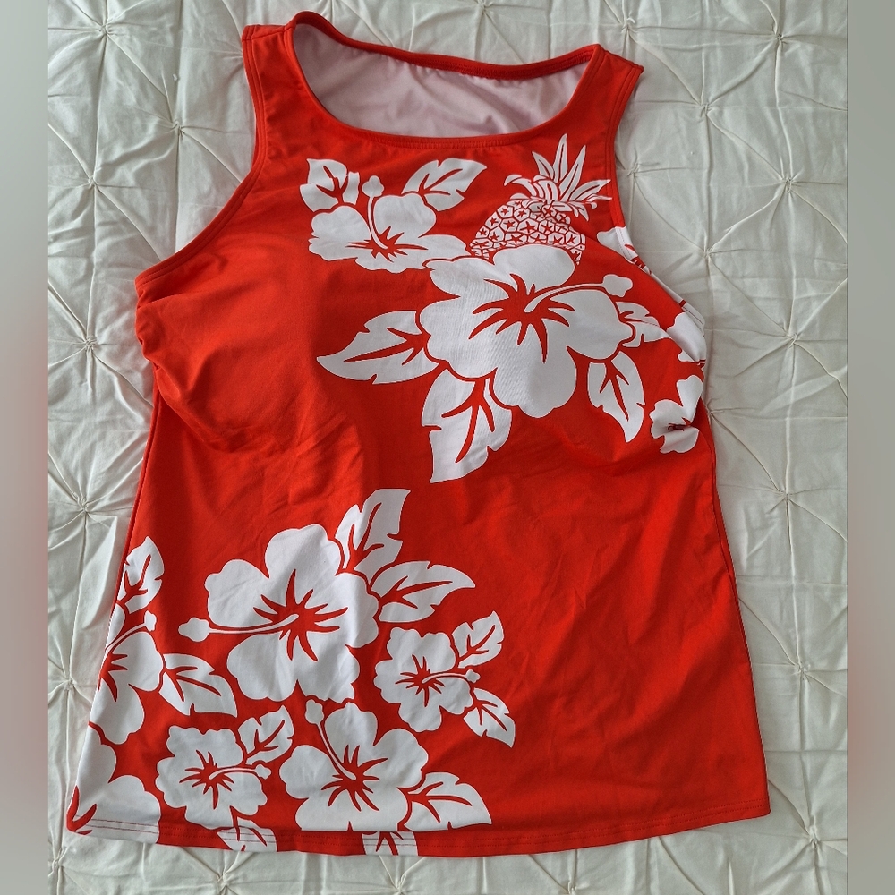 Red Brick, White Floral, Swim Top Tankini, Built In Bra